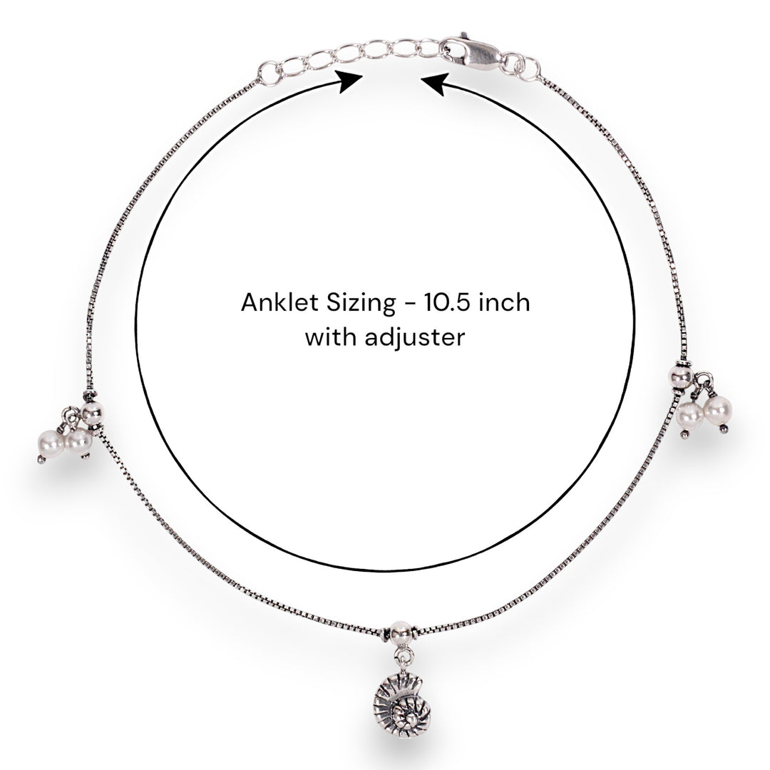925 Sterling Silver Sea Shell Pearl Charm Antique Finish Single Anklet for Women