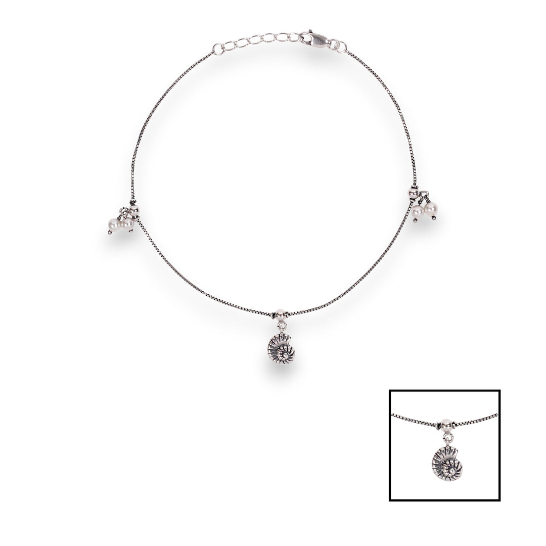 925 Sterling Silver Sea Shell Pearl Charm Antique Finish Anklet for Women
