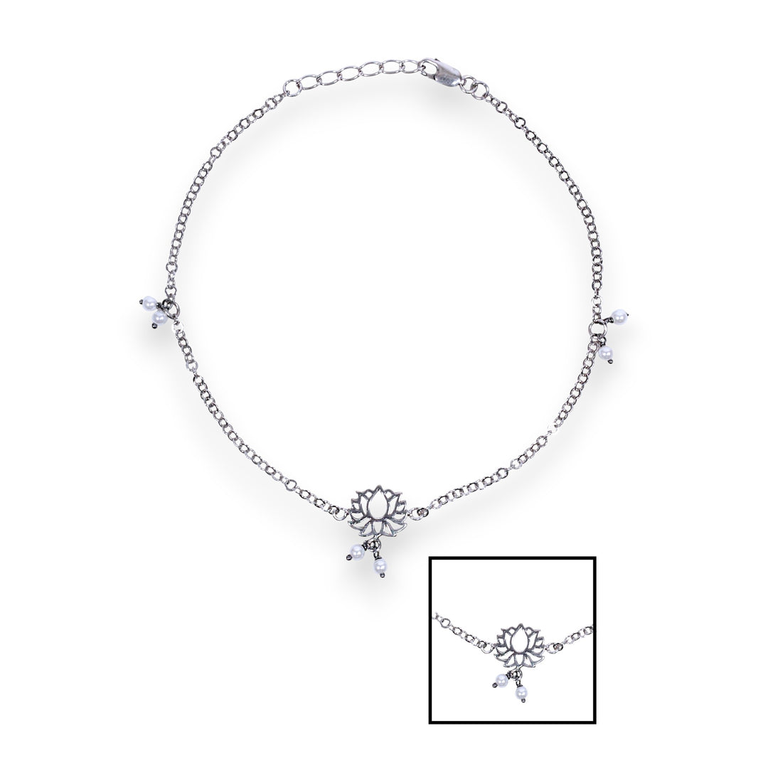 925 Sterling Silver Antique Silver Lotus Pearl Charm Chain Single Anklet for Women