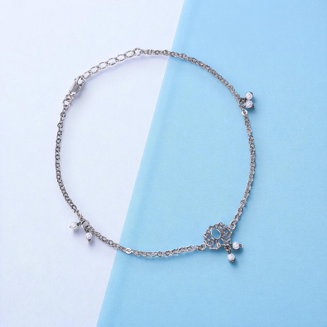 925 Sterling Silver Antique Silver Lotus Pearl Charm Chain Single Anklet for Women