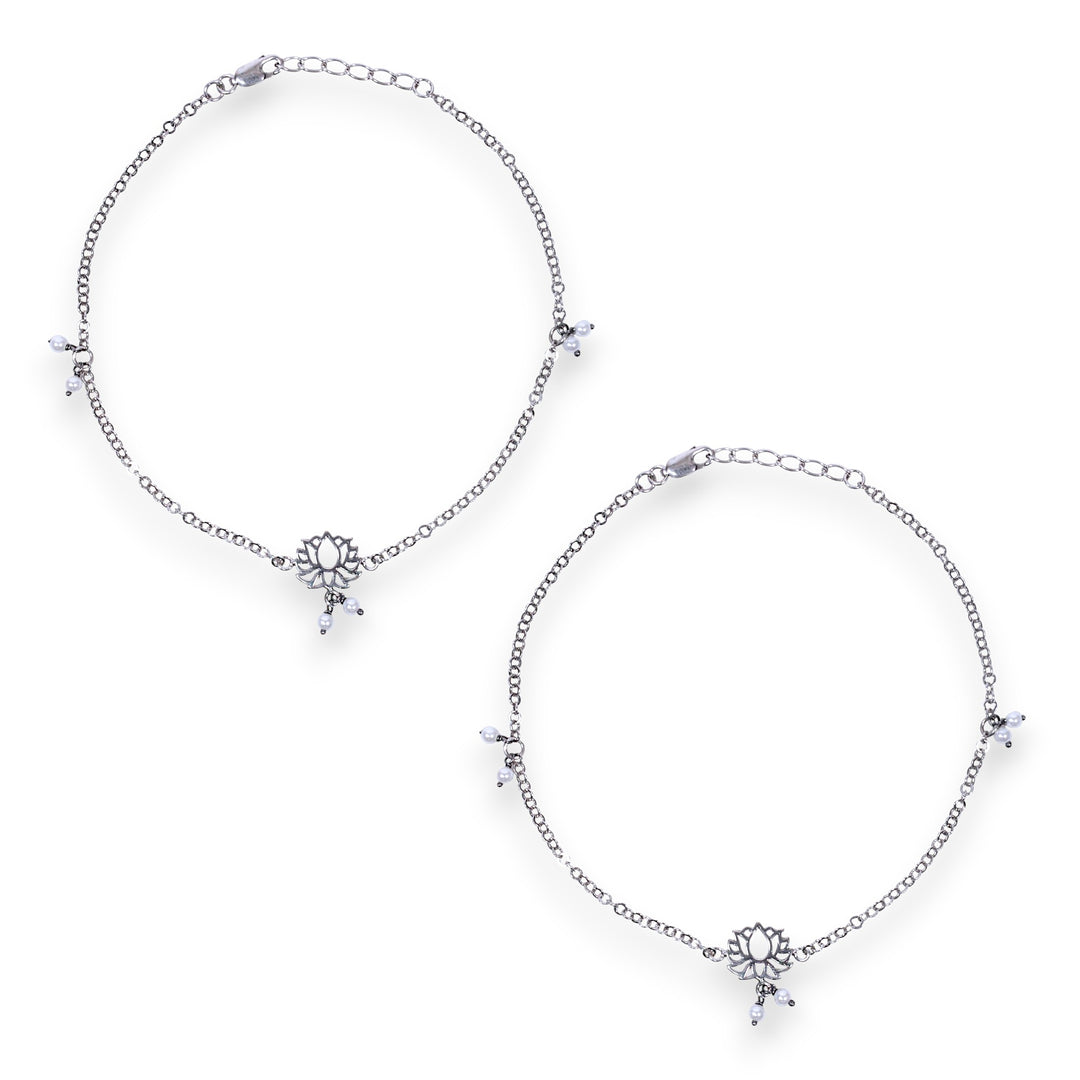 925 Sterling Silver Pair Antique Silver Lotus Pearl Charm Chain Anklets for Women