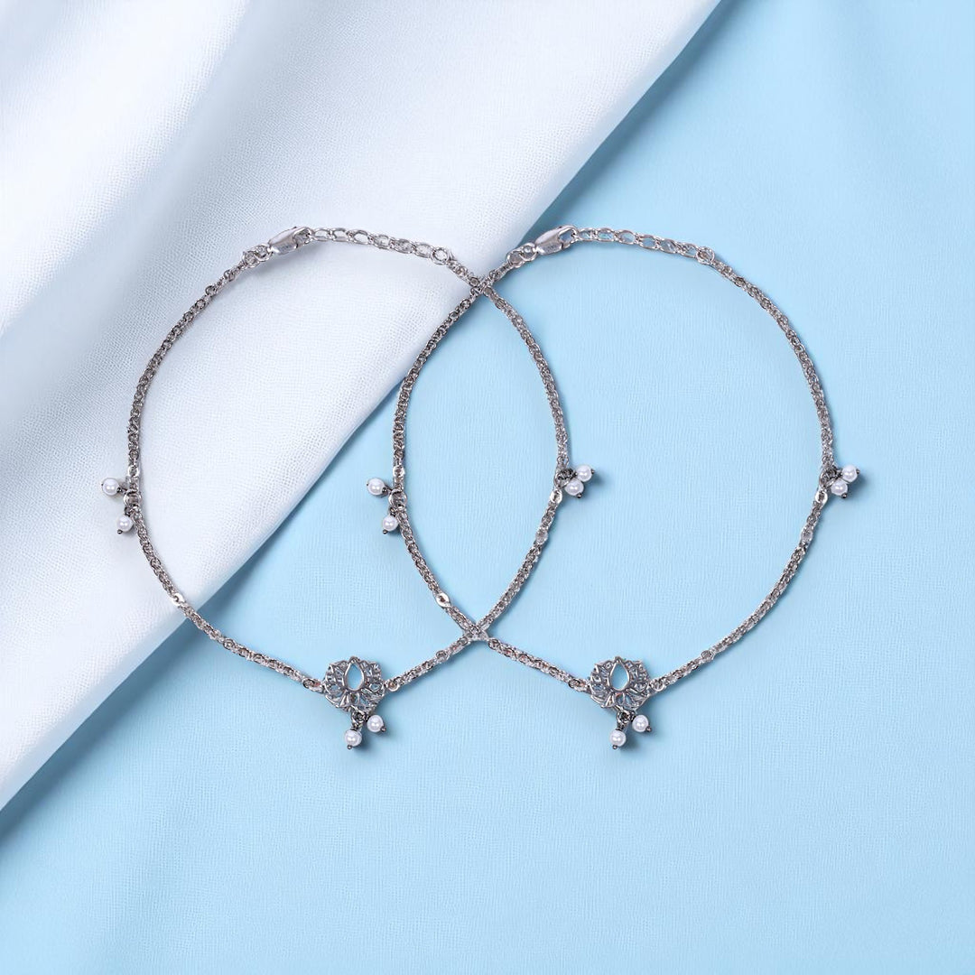 925 Sterling Silver Pair Antique Silver Lotus Pearl Charm Chain Anklets for Women