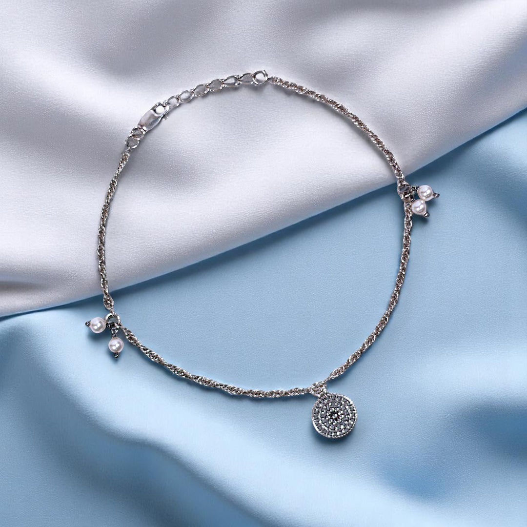 925 Sterling Silver Single Silver Round Pearl Charm Chain Anklets for Women