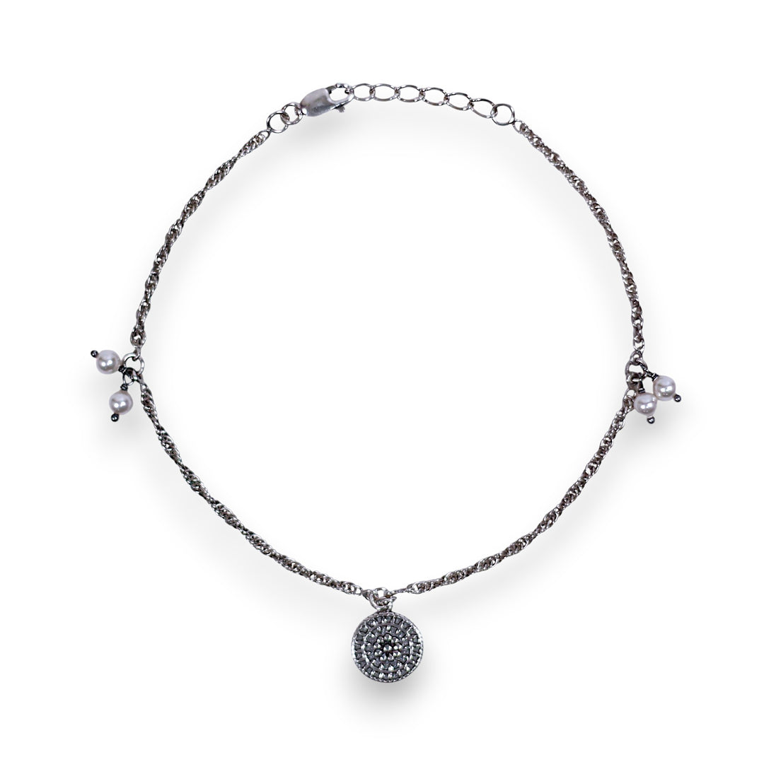 925 Sterling Silver Pair  Silver Round Pearl Charm Chain Anklets for Women -