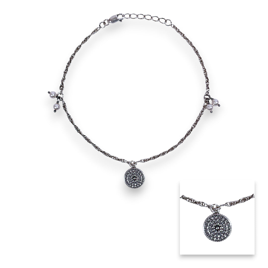 925 Sterling Silver Single Silver Round Pearl Charm Chain Anklets for Women