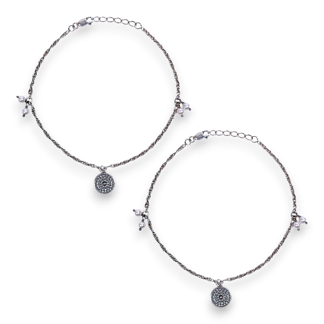 925 Sterling Silver Pair  Silver Round Pearl Charm Chain Anklets for Women -
