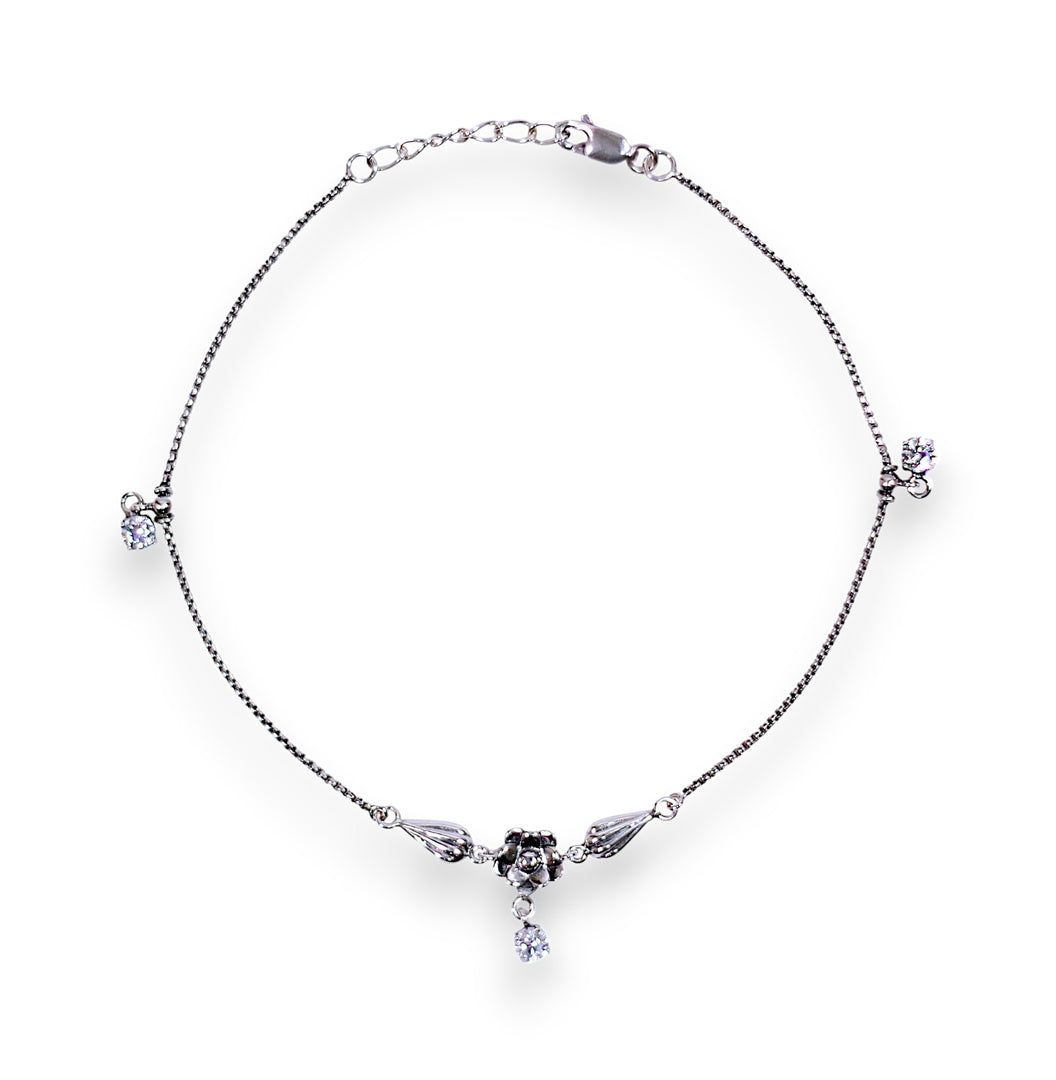925 Sterling Silver Singke Silver Floral Cz Charm Chain Anklets for Women