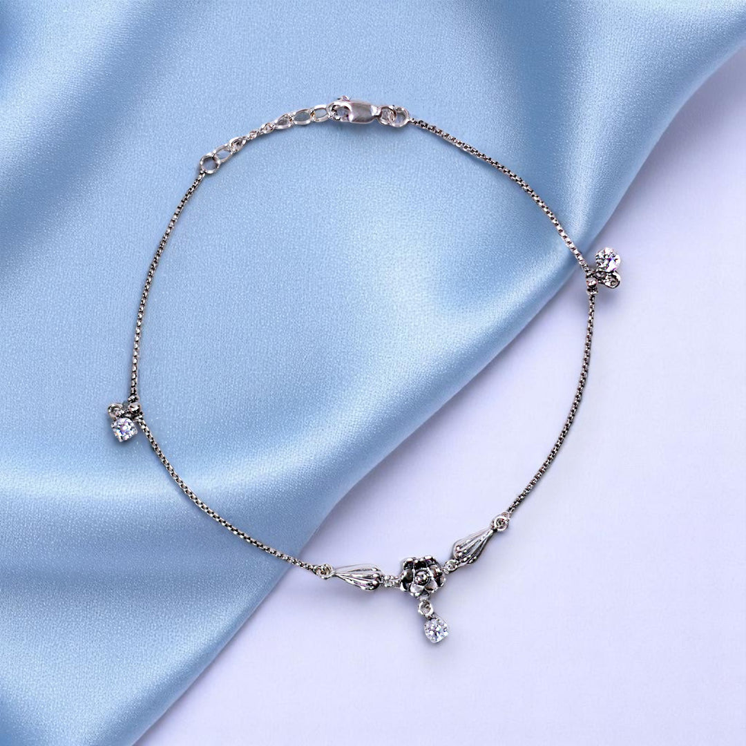 925 Sterling Silver Singke Silver Floral Cz Charm Chain Anklets for Women