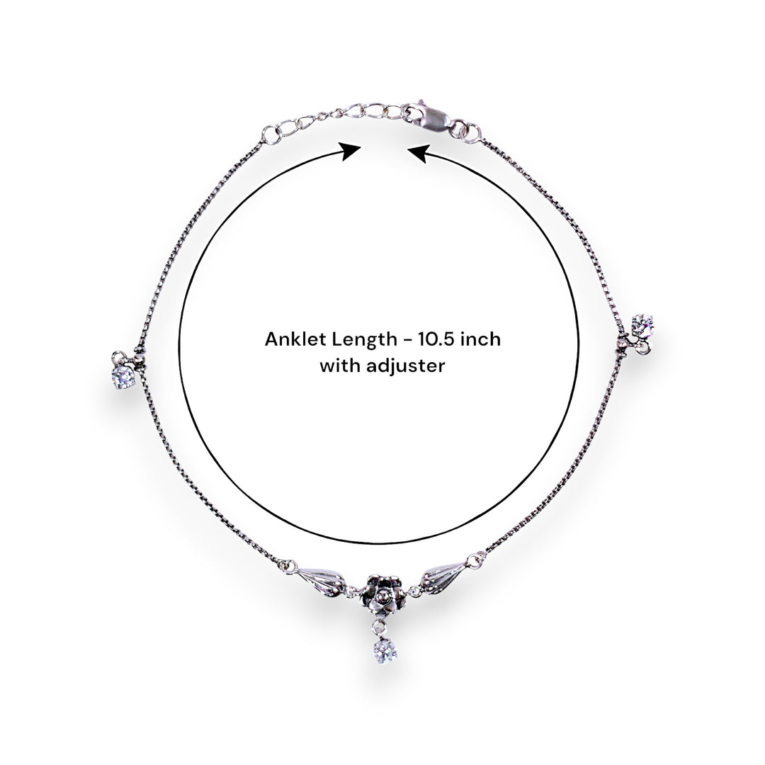925 Sterling Silver Singke Silver Floral Cz Charm Chain Anklets for Women