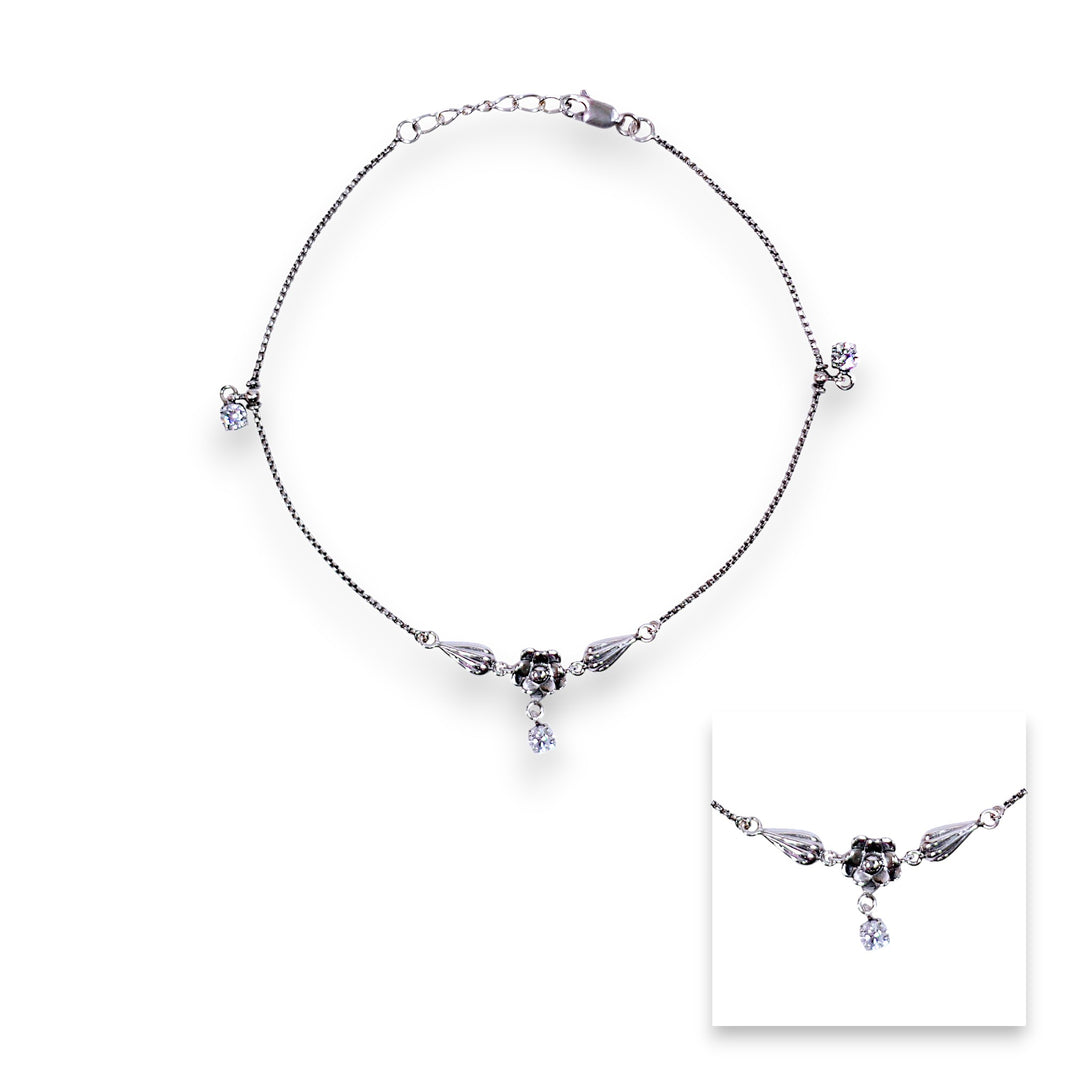 925 Sterling Silver Singke Silver Floral Cz Charm Chain Anklets for Women