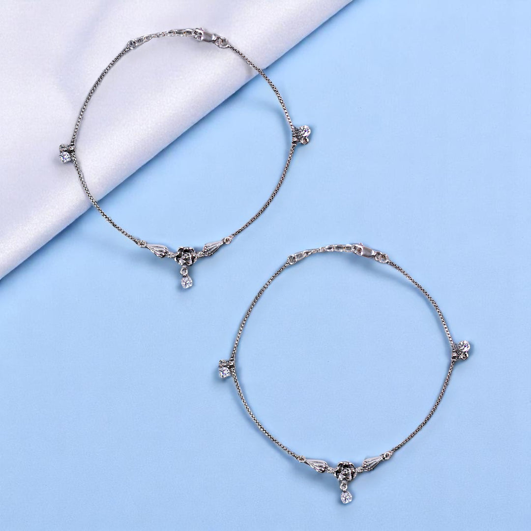 925 Sterling Silver Floral Charm Beaded Anklet for Women