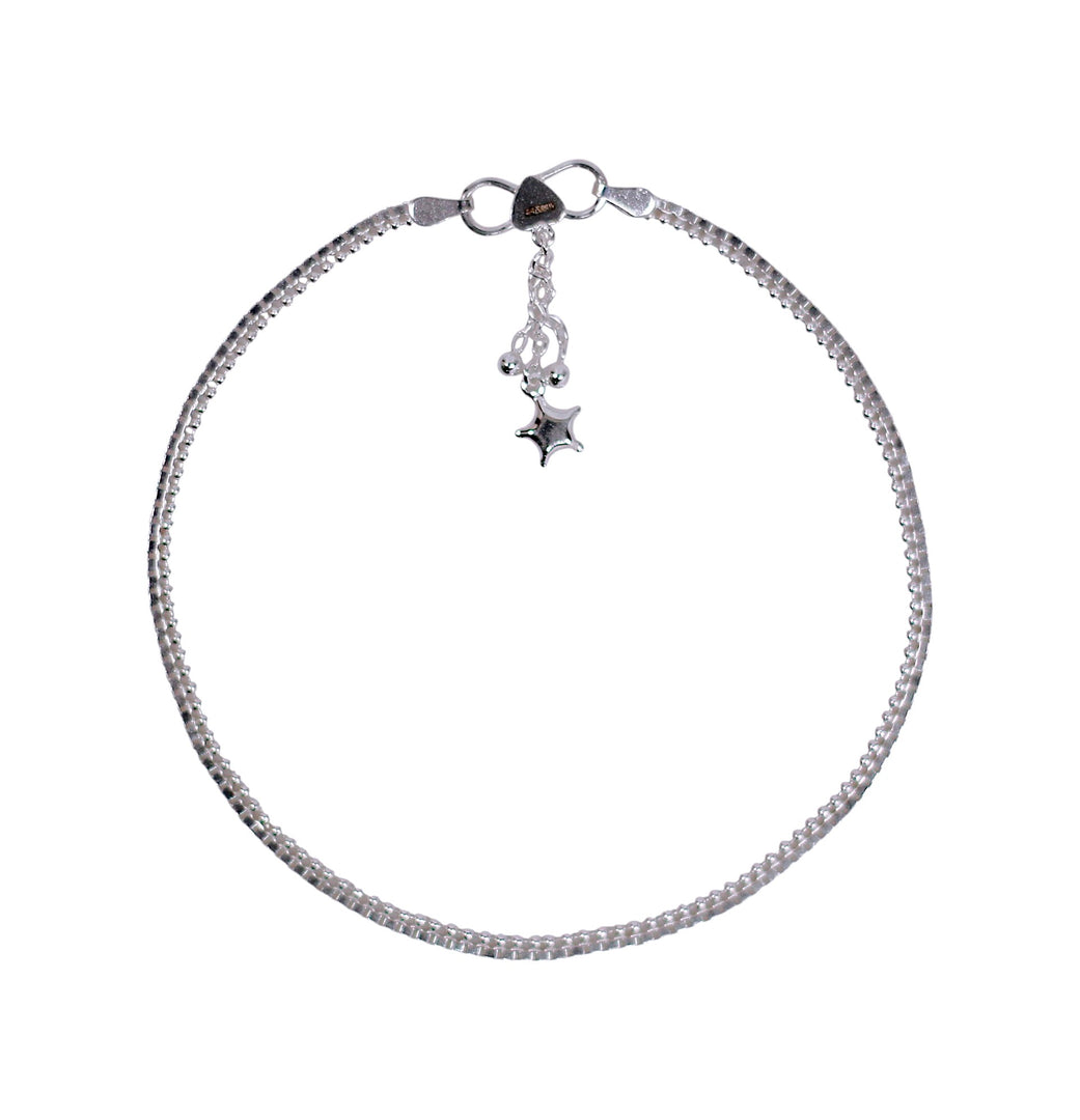 925 Sterling Silver Box Design with Star & Beads Anklet For women