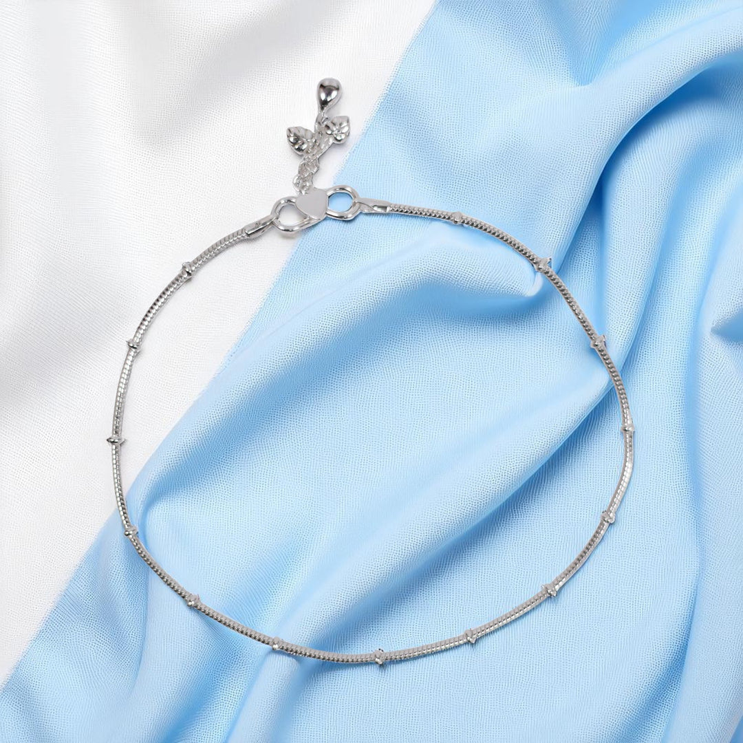 925 Sterling Silver Fancy Plain Chain With Beads Anklet for Women