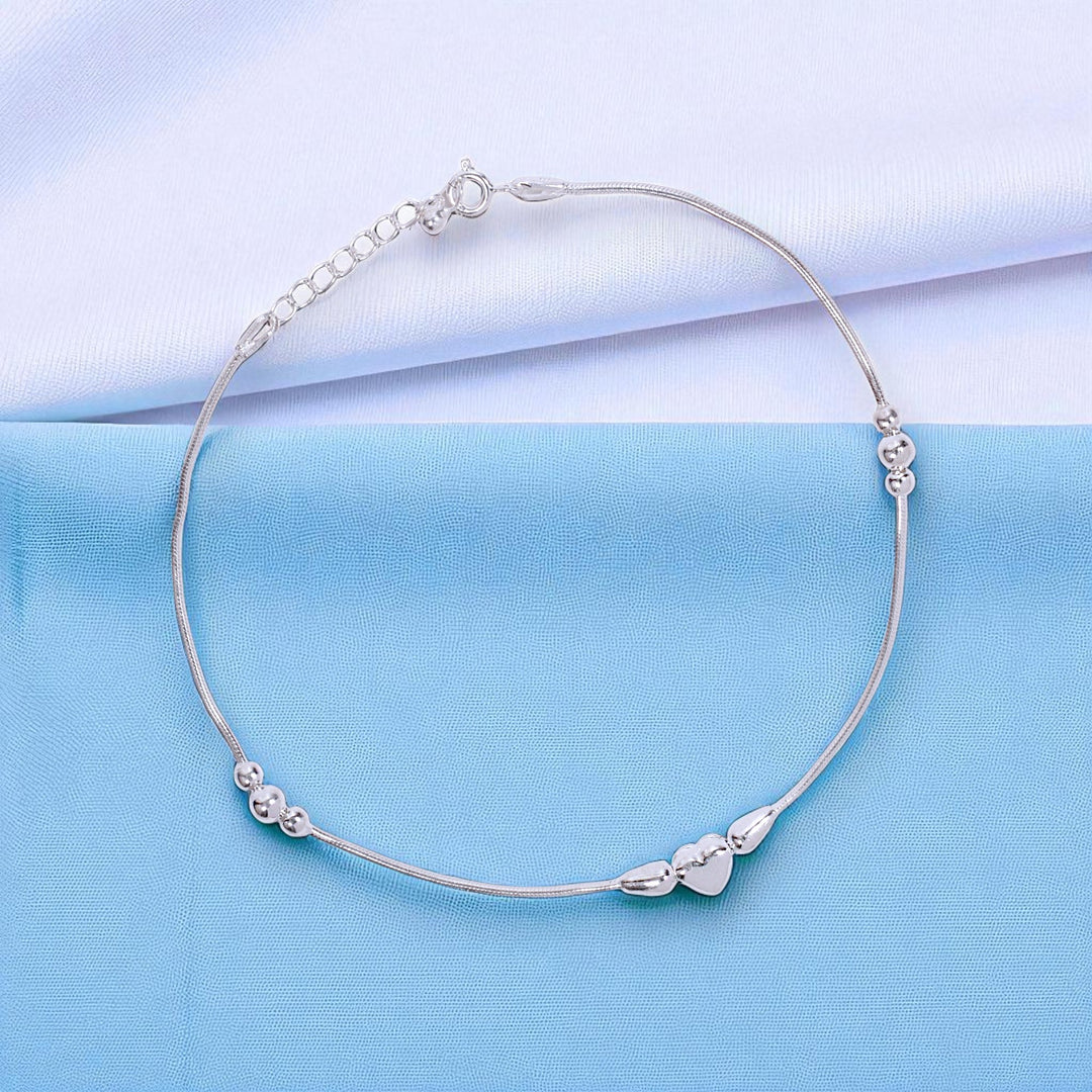 925 Sterling Silver Beaded Heart Charm Chain Single Silver Anklets for Women