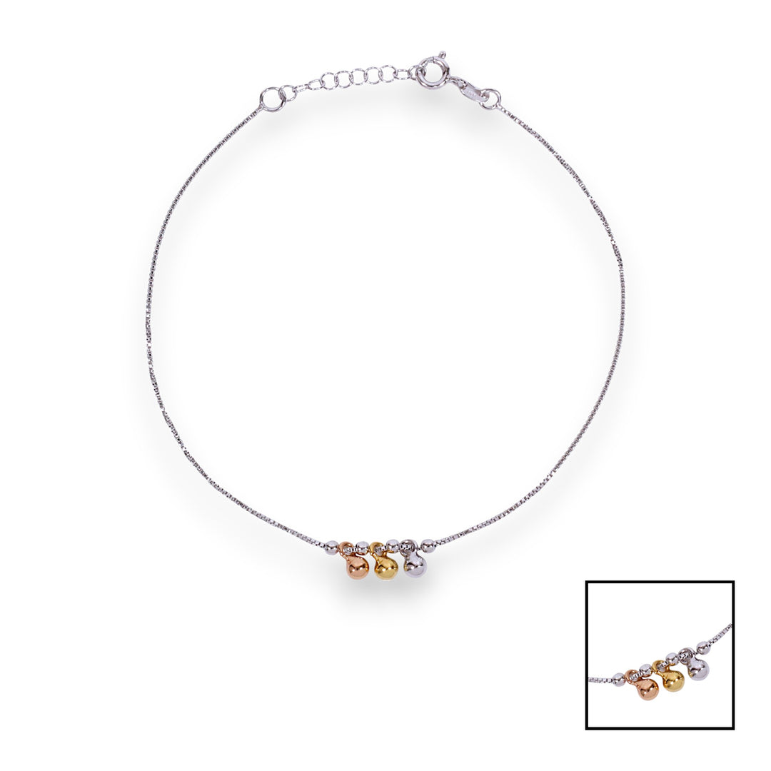 925 Sterling Silver Tri-Tone Charm Anklet for Women