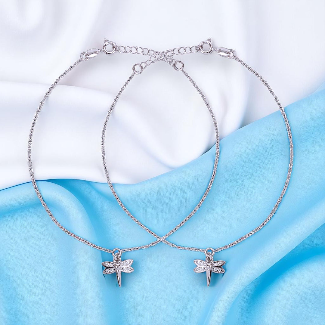 925 Sterling Silver Dragonfly Charm CZ Chain Anklets for Women