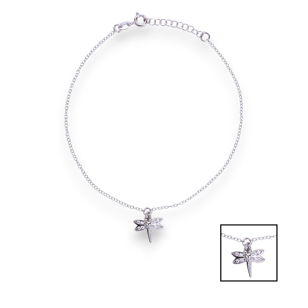 925 Sterling Silver Dragonfly Charm CZ Chain Anklets for Women