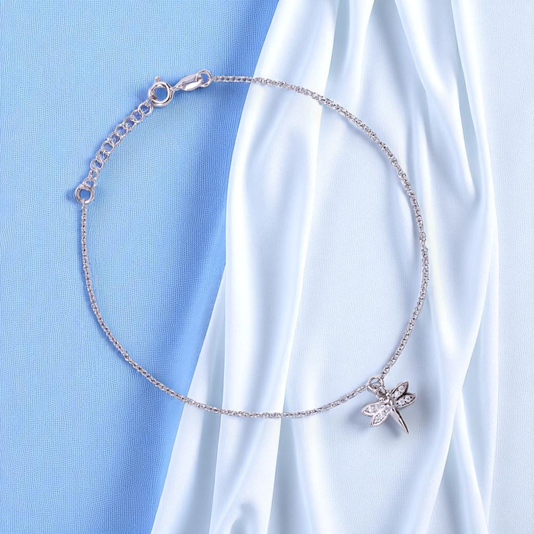 925 Sterling Silver Dragonfly Charm CZ Single Chain Anklets for Women