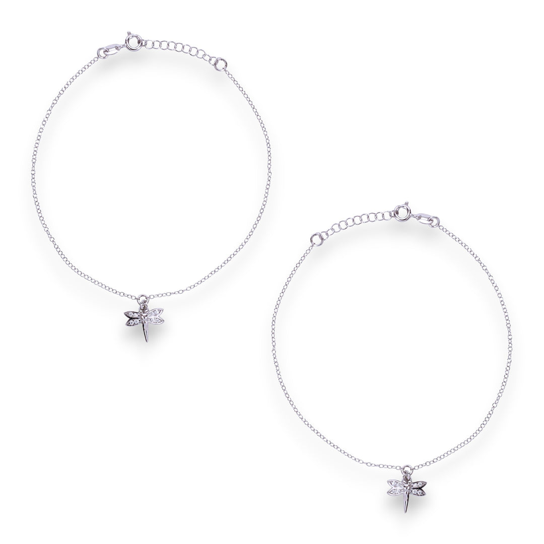 925 Sterling Silver Dragonfly Charm CZ Chain Anklets for Women