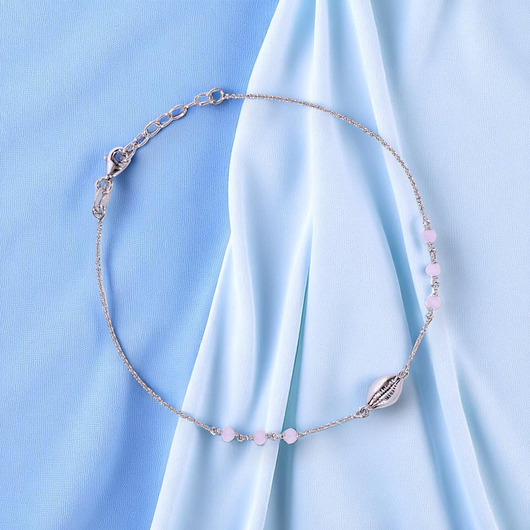 925 Sterling Silver Sea Shell Baby Pink Beaded Single Chain Anklets for Women