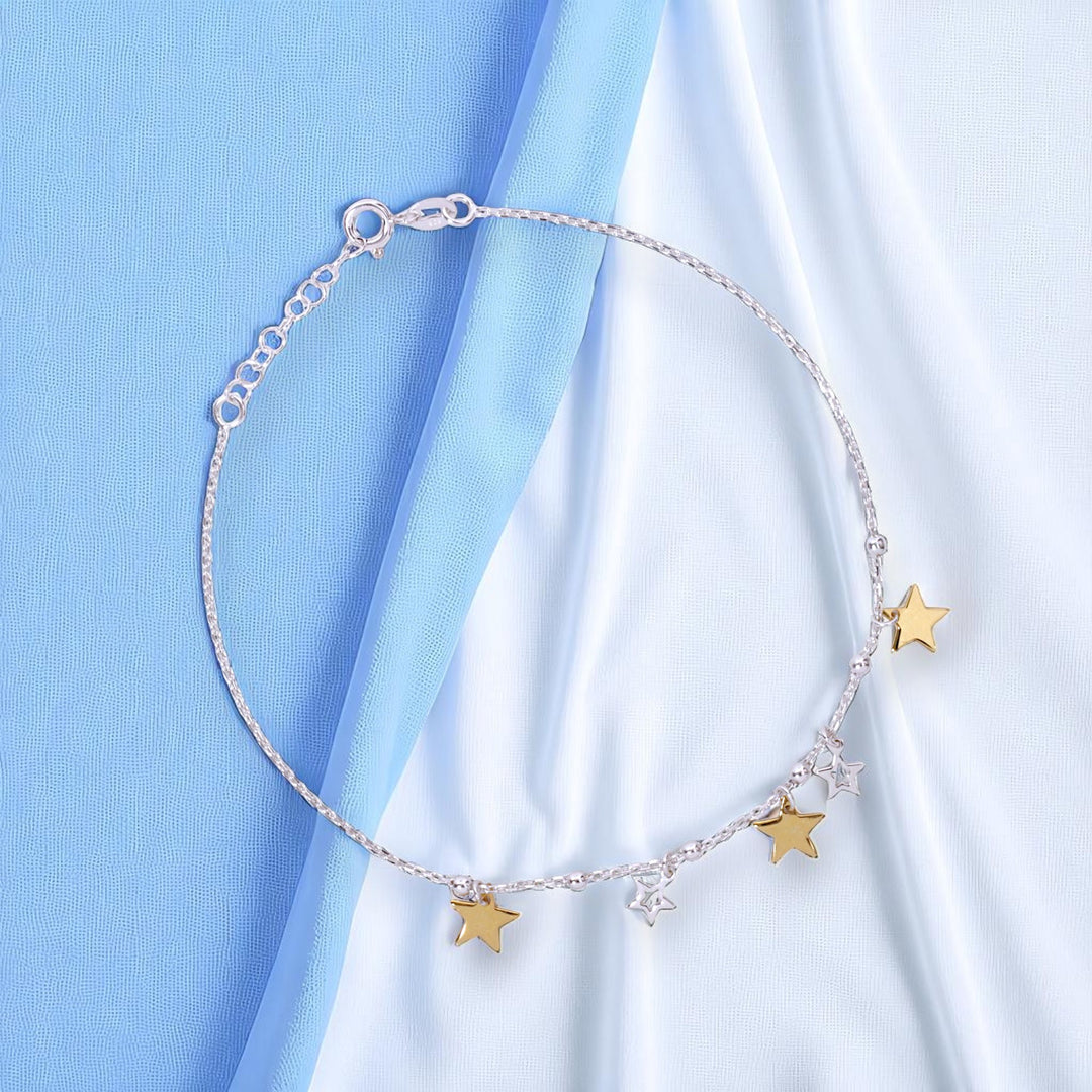 925 Sterling Silver Gold Star Charms Single Anklet for Women