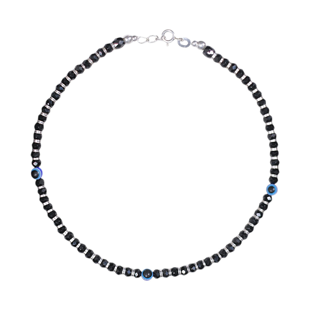 925 Sterling Silver Black Beaded Evil Eye Anklet for Women