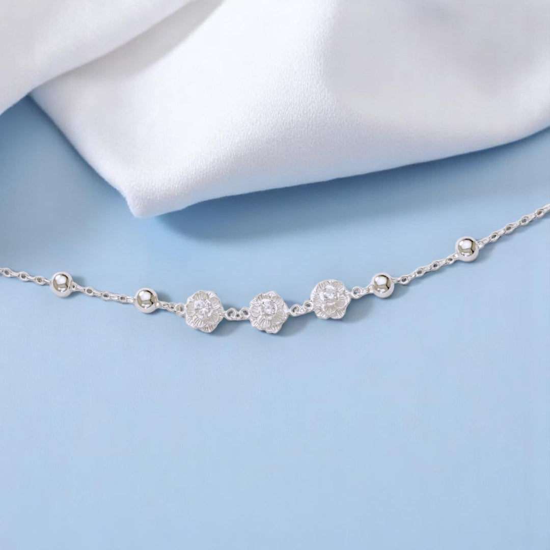 925 Sterling Silver Floral Charm Beaded Single Anklet for Women