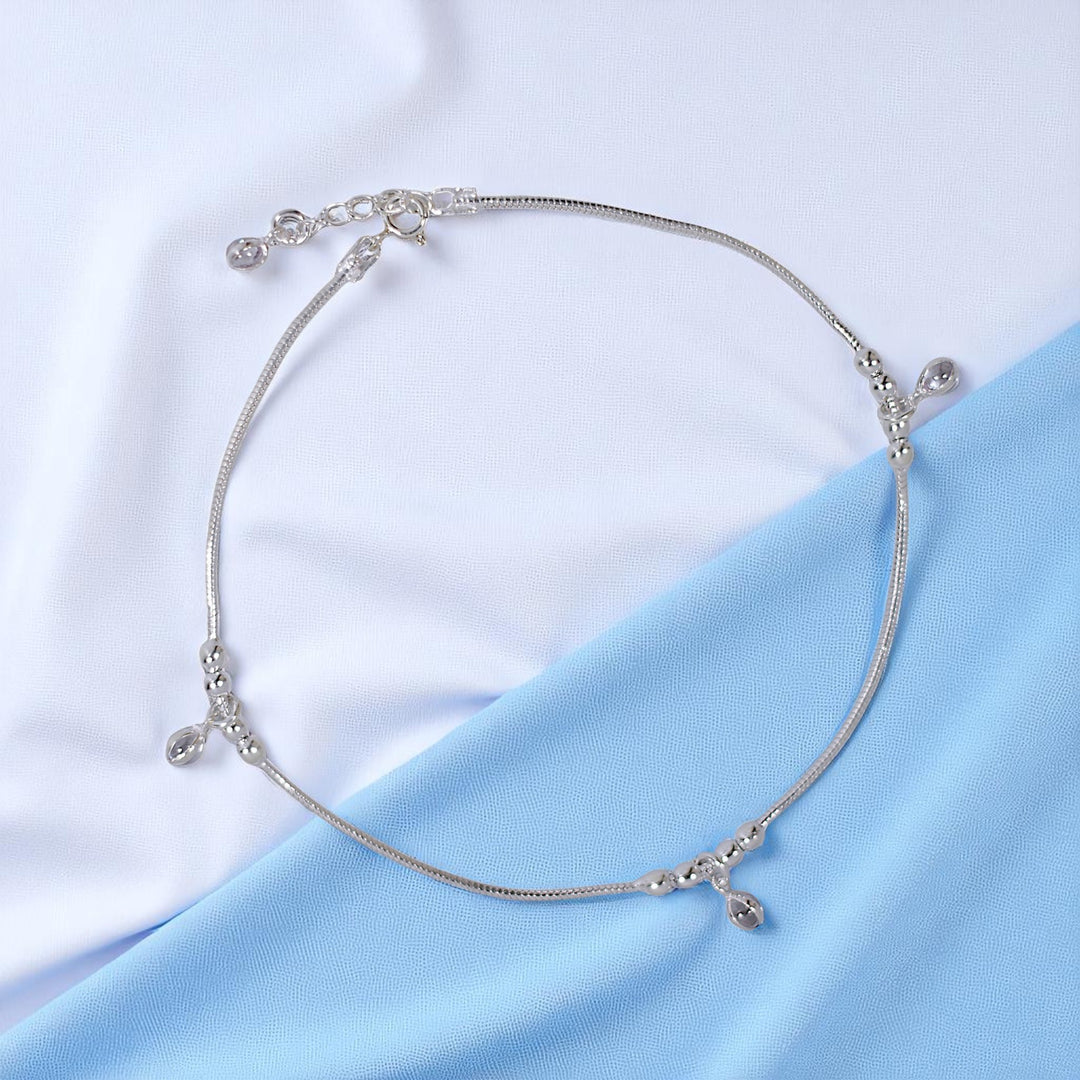 925 Sterling Silver Beaded Crystal Charm Single Anklet for Women