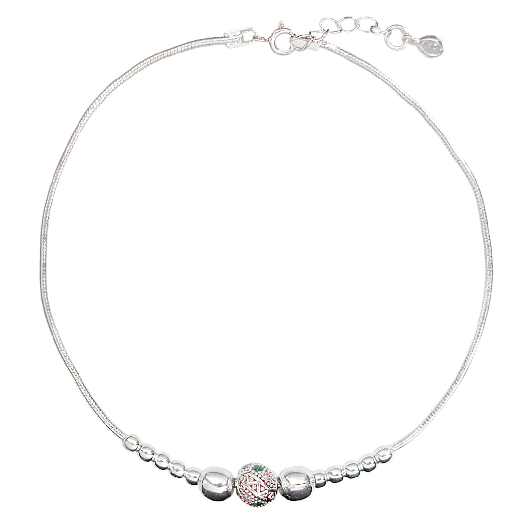 925 Sterling Silver CZ Beaded Single Anklet for Women
