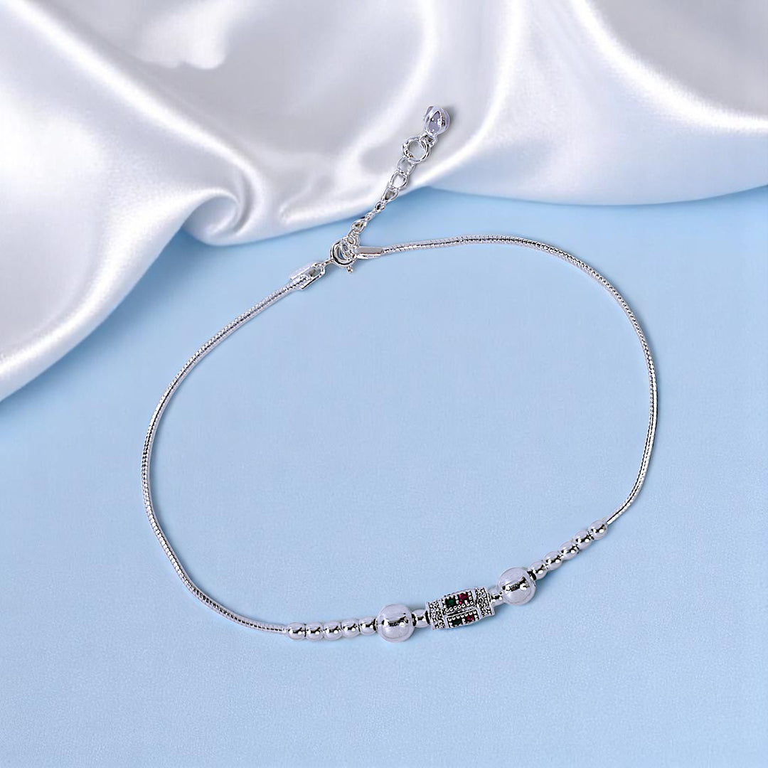 925 Sterling Silver Multi CZ Beaded Single Anklet for Women