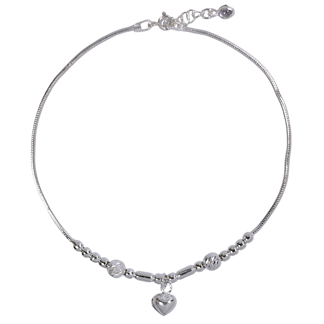 925 Sterling Silver Beaded Heart Charm Single Anklet for Women