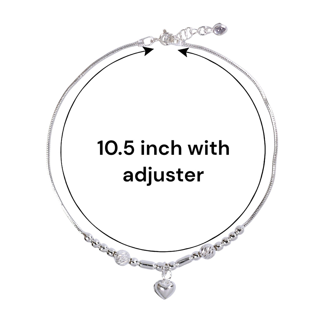 925 Sterling Silver Beaded Heart Charm Single Anklet for Women