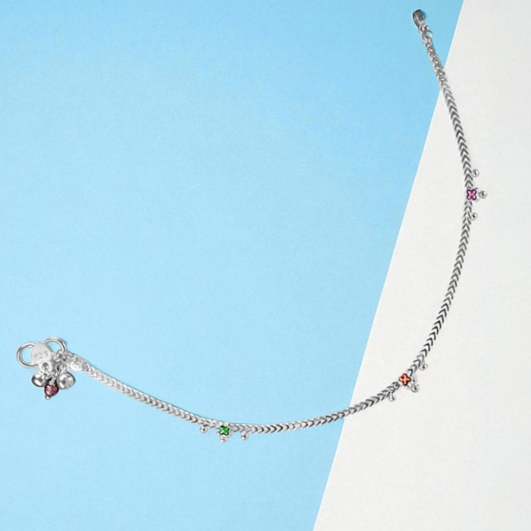 925 Sterling Silver Fancy Box Chain with Ghungroo Single Anklet for Women
