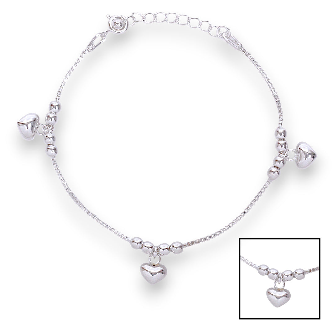925 Sterling Silver Box Chain With Heart Ball Charm Anklet for Kids