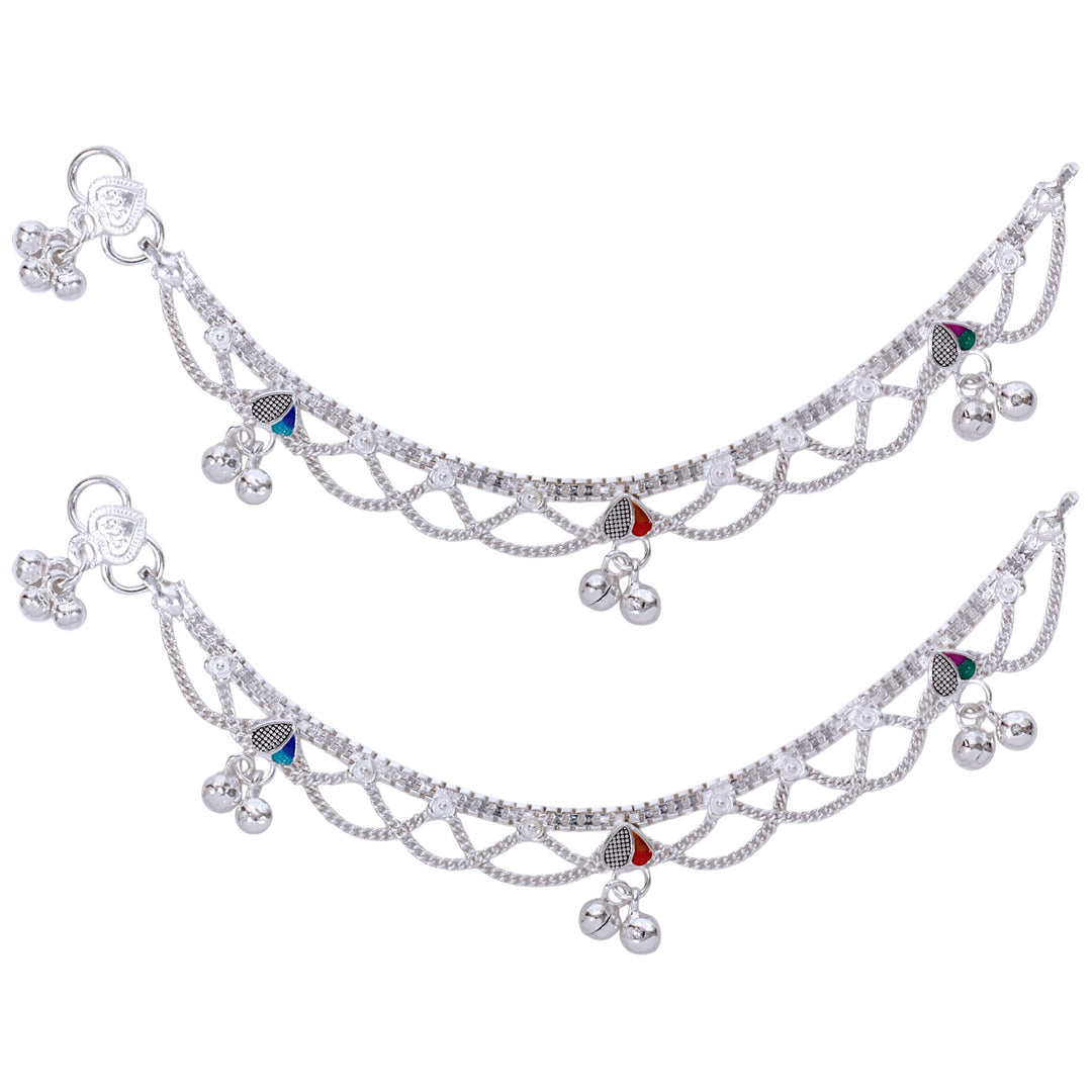 925 Sterling Silver Heart Enamelled Crisscross Design Anklets for Girls