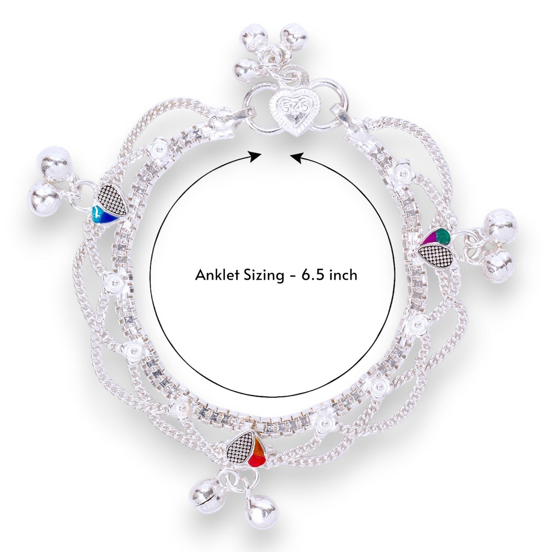 925 Sterling Silver Heart Enamelled Crisscross Design Anklets for Girls