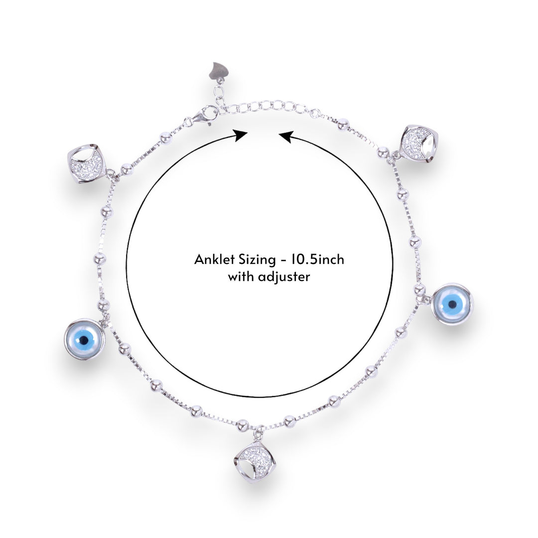 925 Sterling Silver Evil Eye & CZ Square Charm Single Anklet for Women