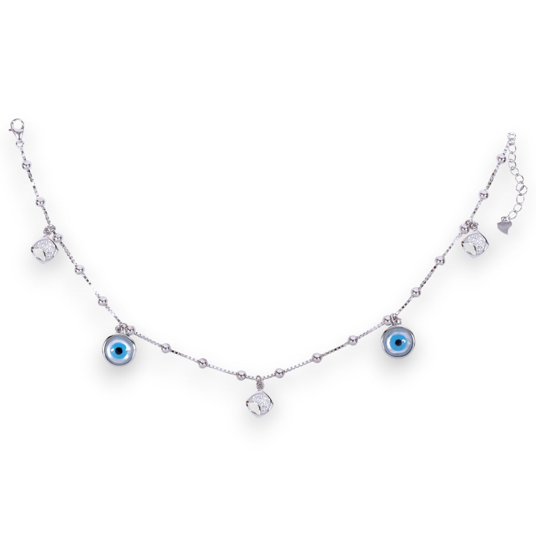 925 Sterling Silver Evil Eye & CZ Square Charm Single Anklet for Women