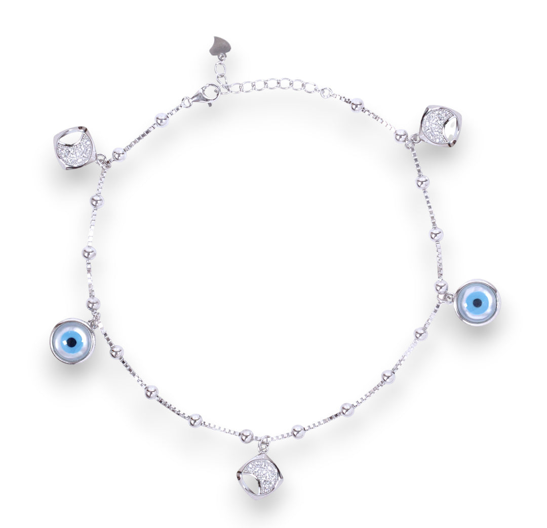 925 Sterling Silver Evil Eye & CZ Square Charm Single Anklet for Women