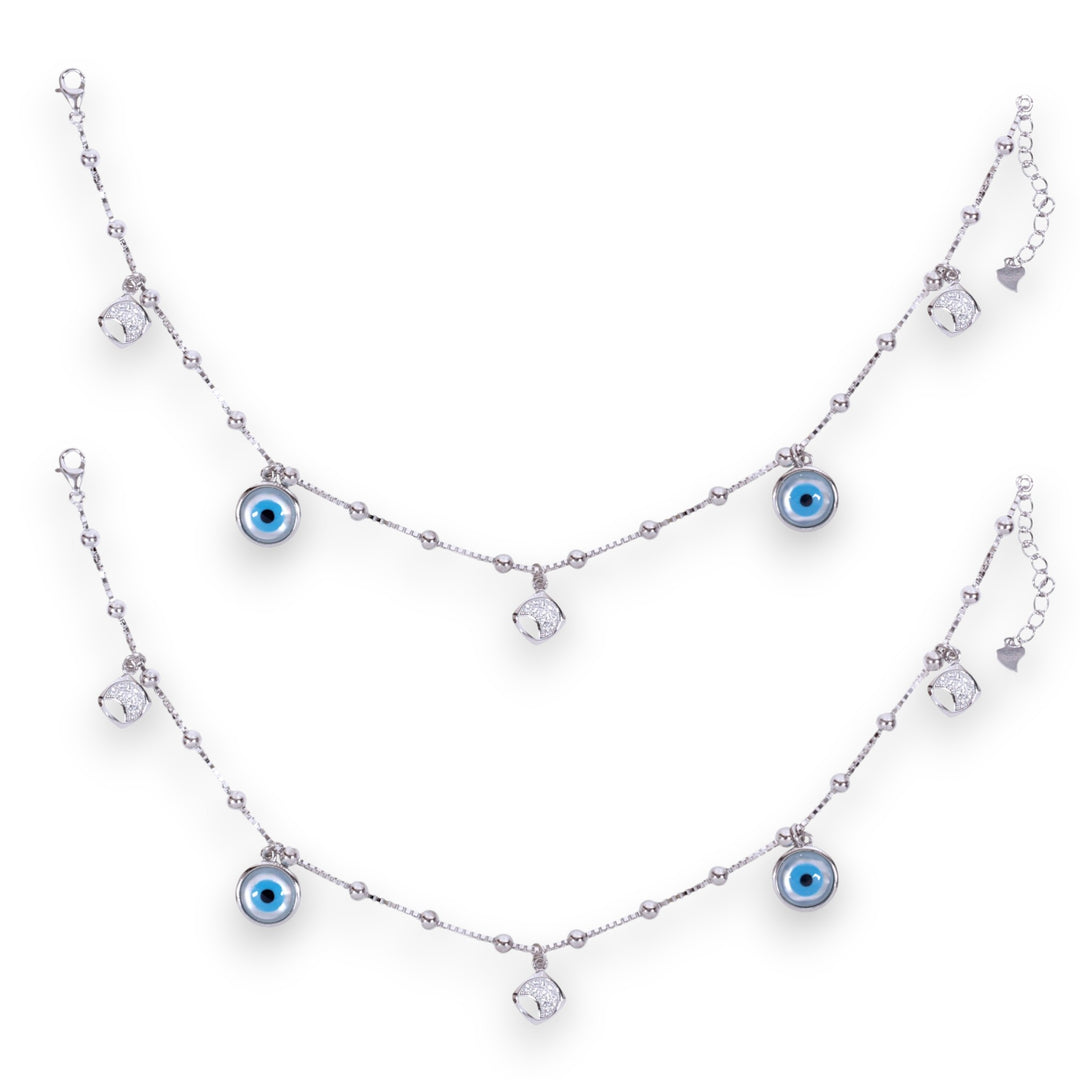 925 Sterling Silver Beaded Evil Eye Cz Charm Chain Anklets for Women