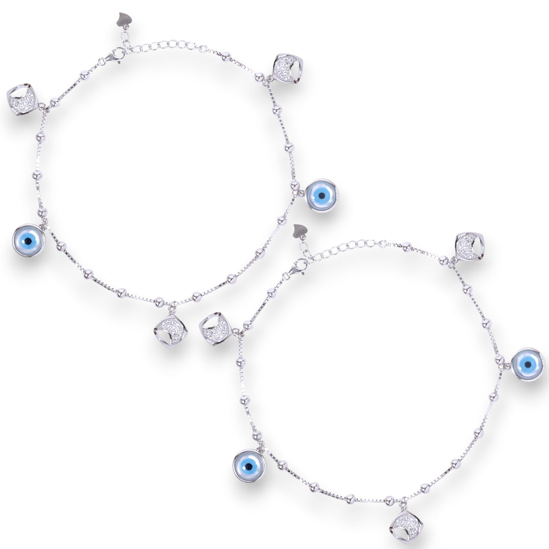 925 Sterling Silver Beaded Evil Eye Cz Charm Chain Anklets for Women