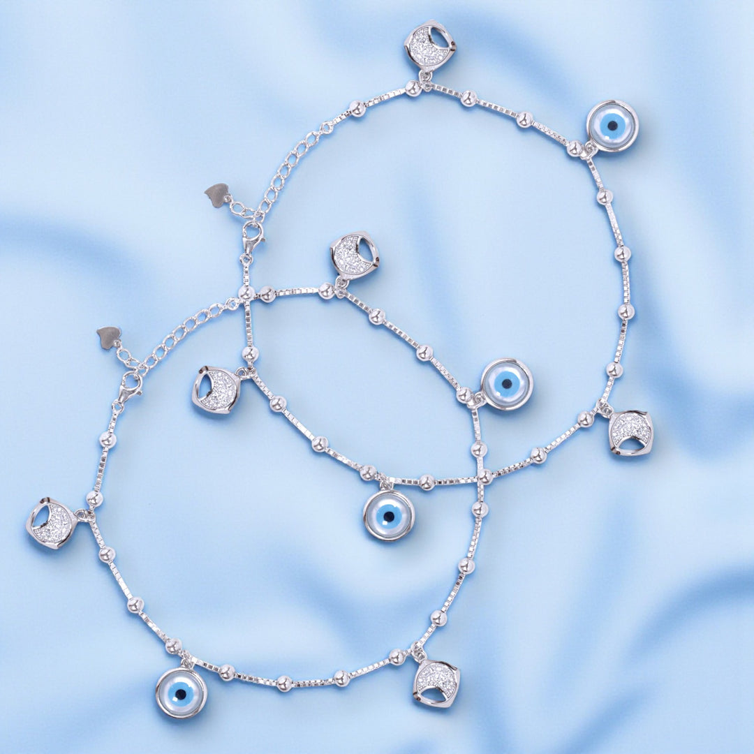 925 Sterling Silver Beaded Evil Eye Cz Charm Chain Anklets for Women