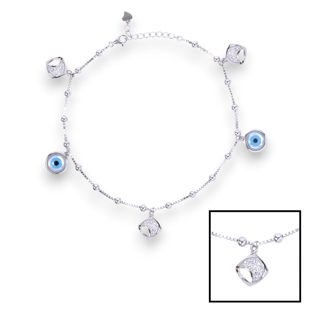 925 Sterling Silver Beaded Evil Eye Cz Charm Chain Anklets for Women