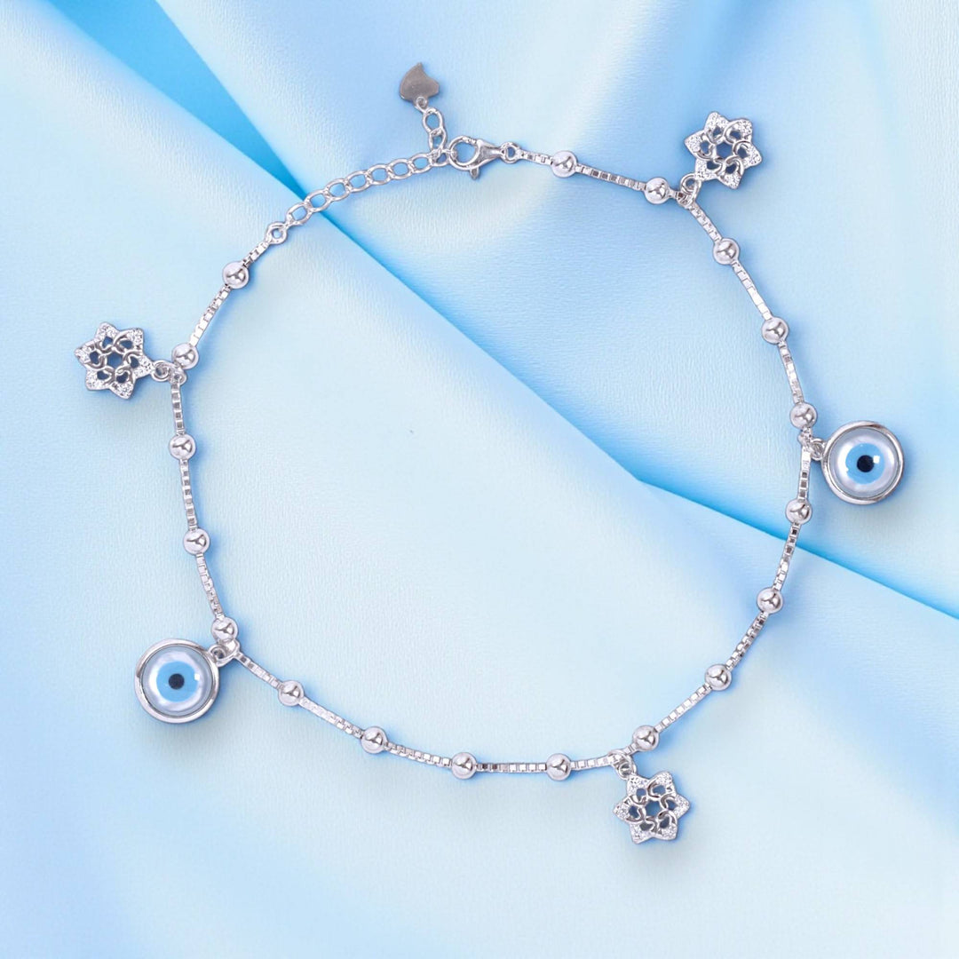 925 Sterling Silver Flower And Evil Eye Single Anklet For Women