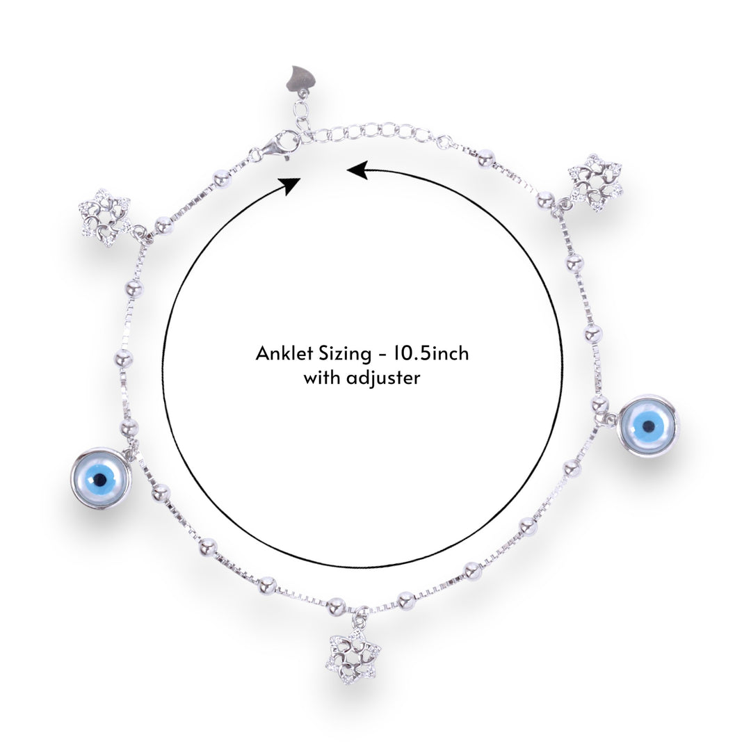 925 Sterling Silver Flower And Evil Eye Single Anklet For Women