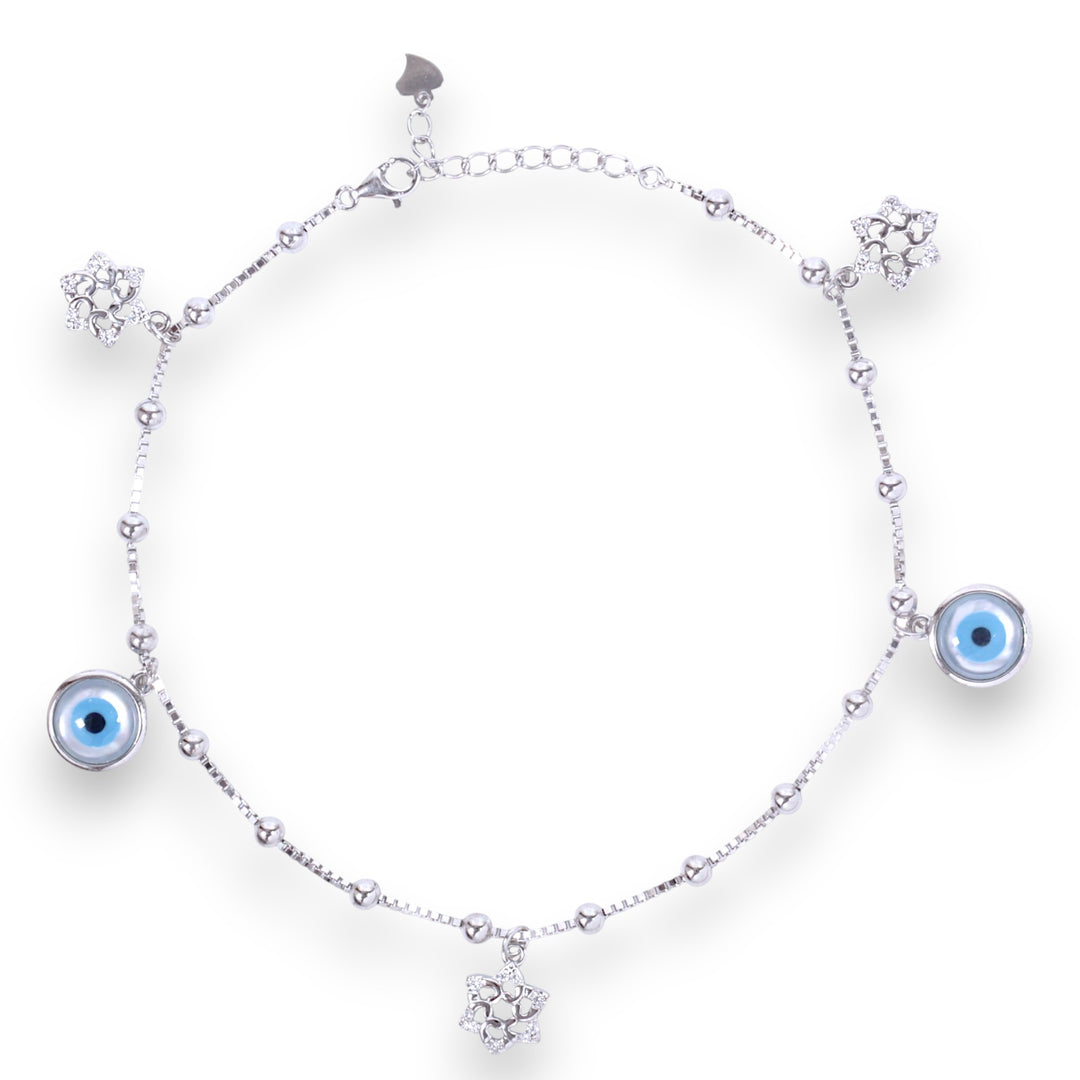 925 Sterling Silver Flower And Evil Eye Single Anklet For Women