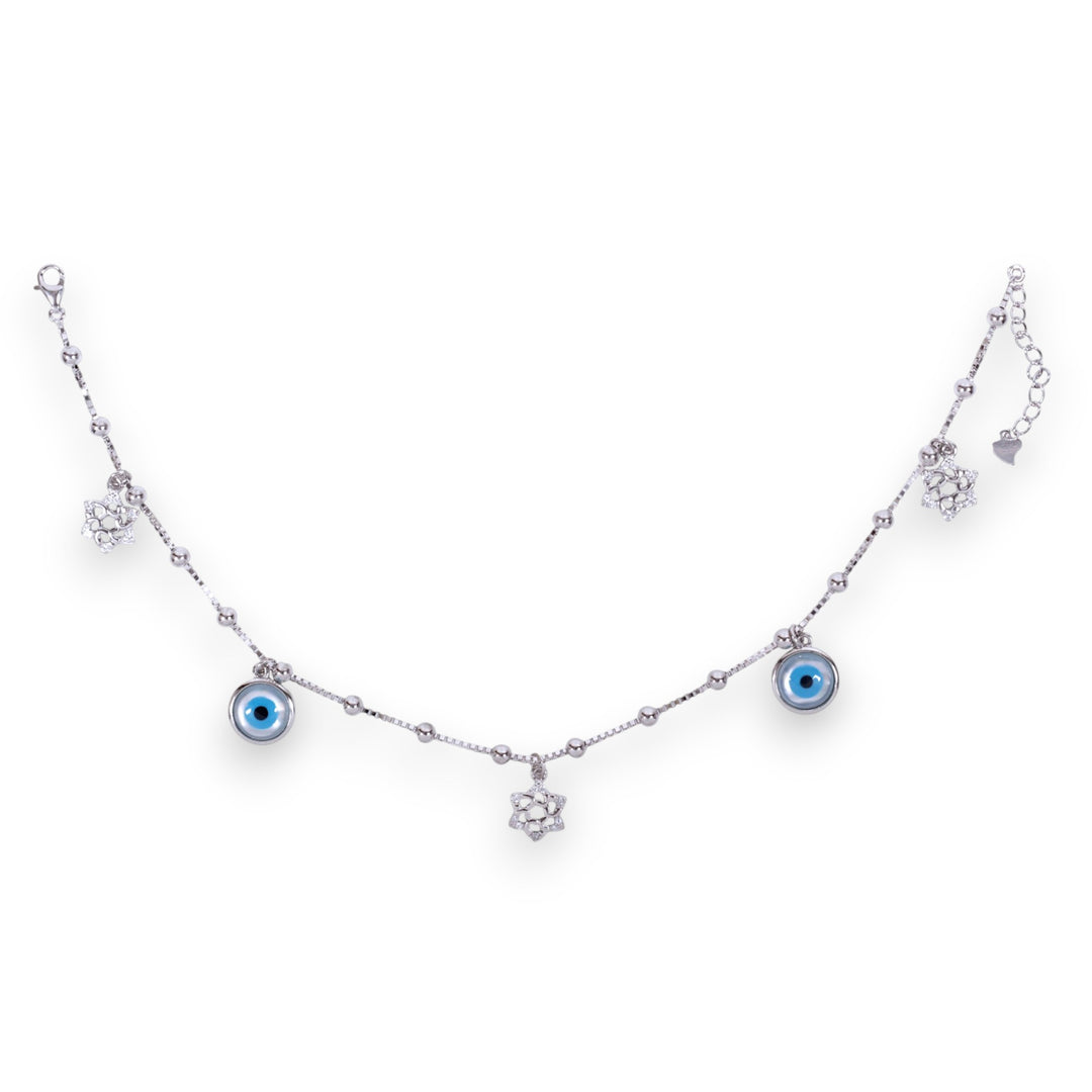 925 Sterling Silver Flower And Evil Eye Single Anklet For Women