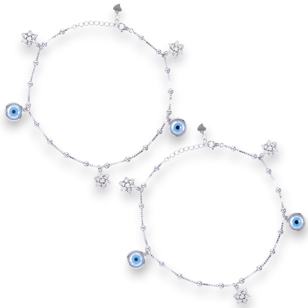 925 Sterling Silver flower and Evil Eye Anklet for Women
