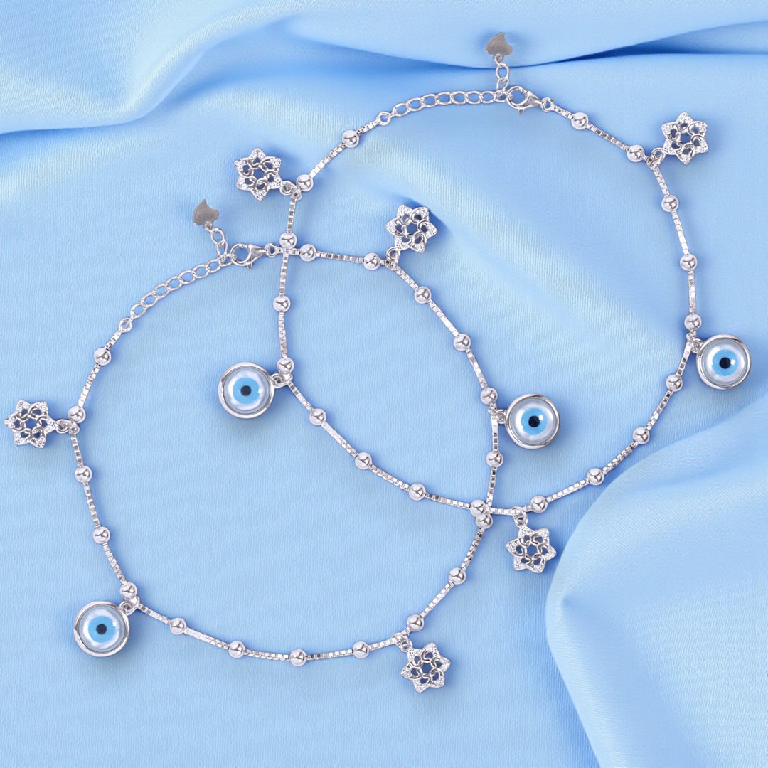 925 Sterling Silver flower and Evil Eye Anklet for Women