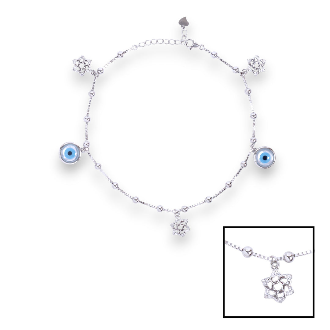 925 Sterling Silver flower and Evil Eye Anklet for Women